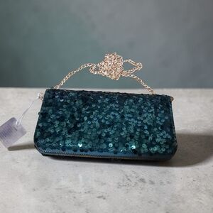 Emerald Sequin Clutch with Gold Chain